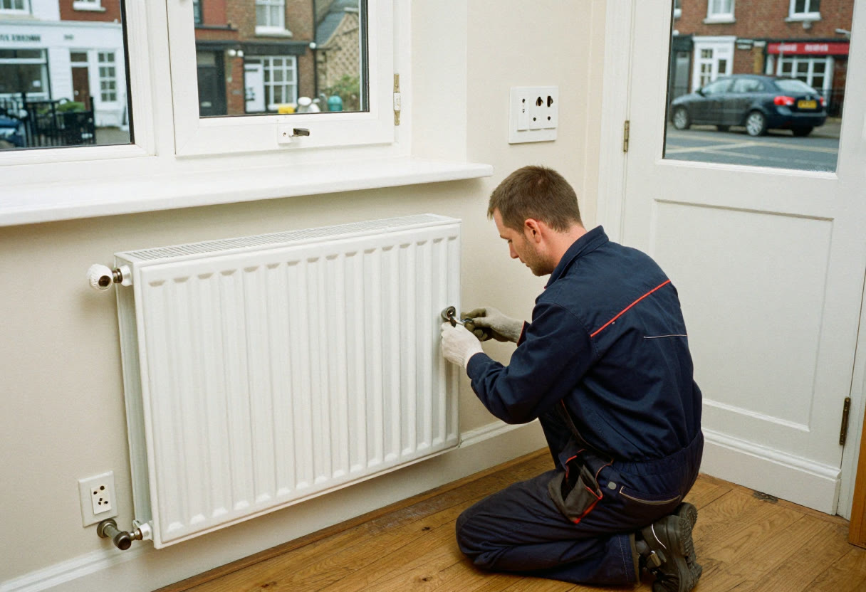 Hands at work on a radiator valve